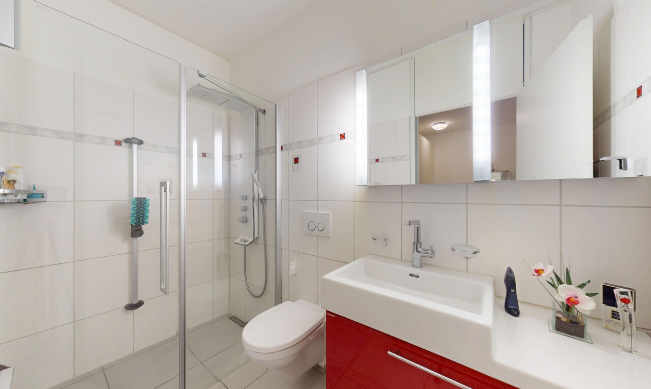 salle de bains avec toilette, douche, mur en carrelage, évier, et miroir