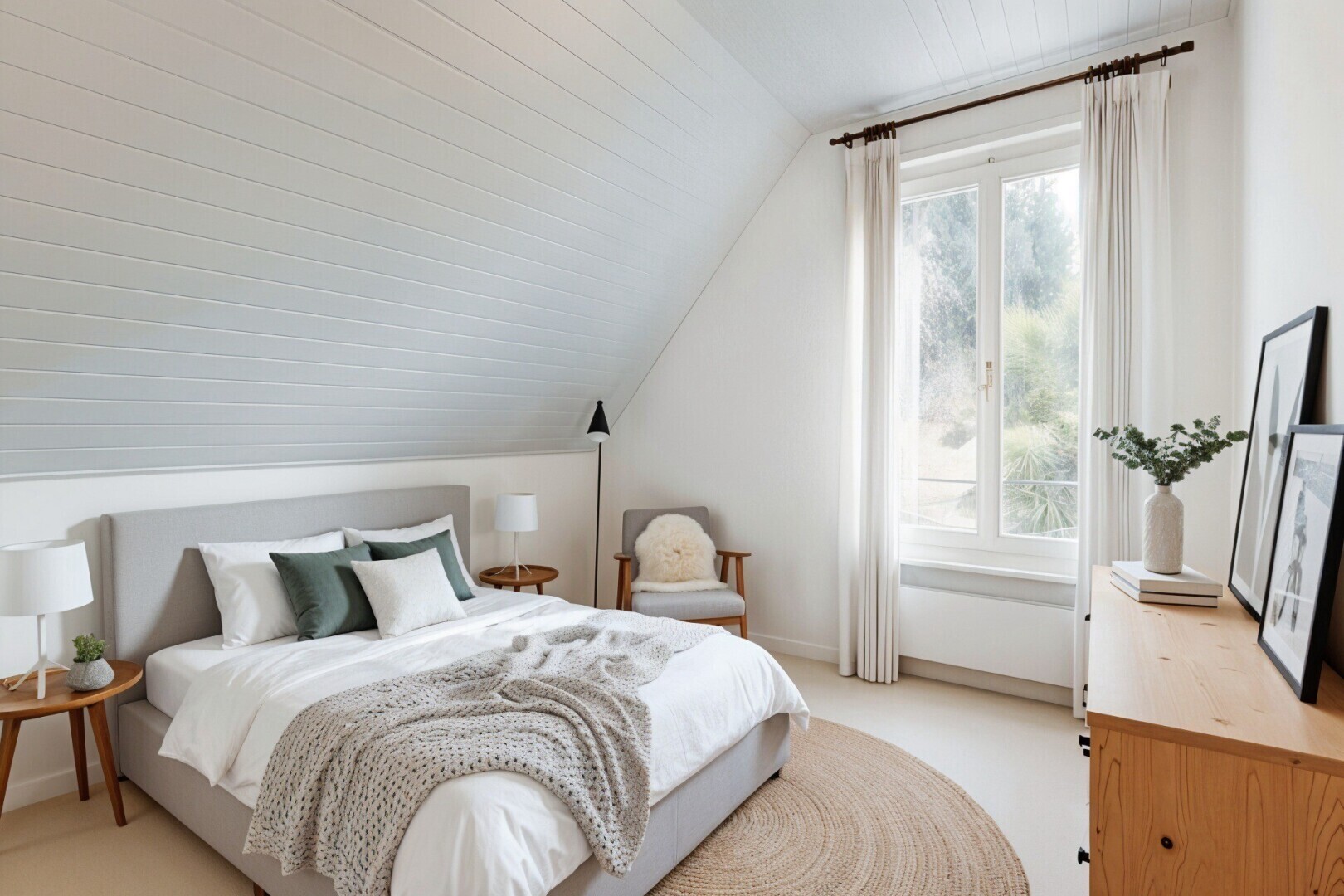 chambre avec plafond voûté, vaulted ceiling, plafond bas, low ceiling, et pièce supplémentaire