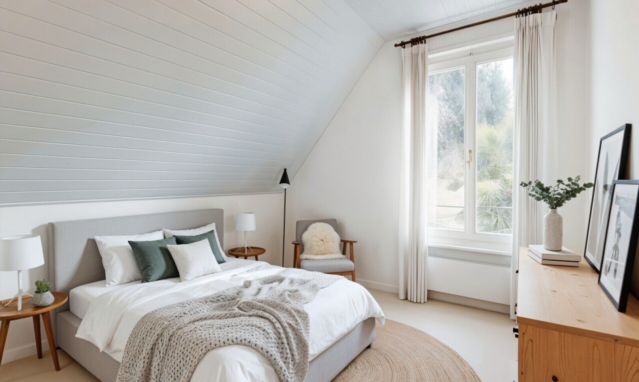 chambre avec plafond voûté, vaulted ceiling, plafond bas, low ceiling, et pièce supplémentaire