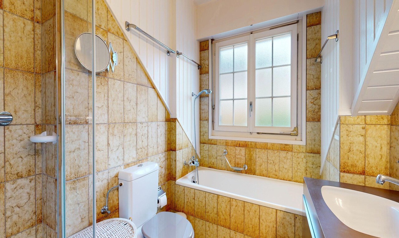 salle de bains avec salle de bain complète, toilette, natural light, lumière naturelle, et lavabo (ou coiffeuse selon le contexte)