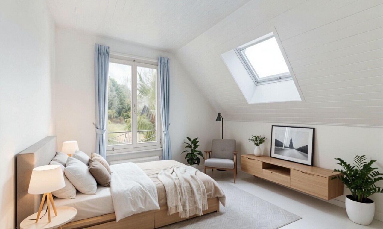 chambre avec pièce supplémentaire, puits de lumière, plafond bas, low ceiling, et cloison sèche