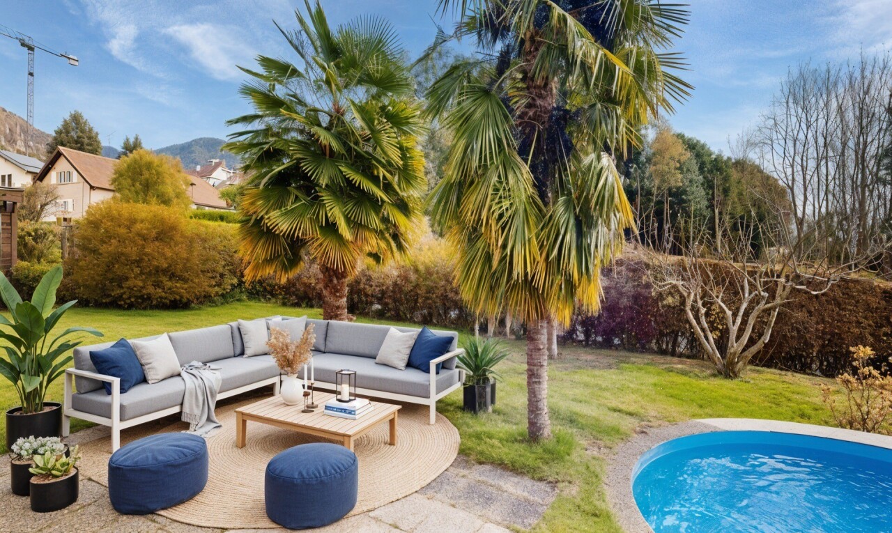 piscine avec pelouse, day time, from property, piscine, et virtually staged