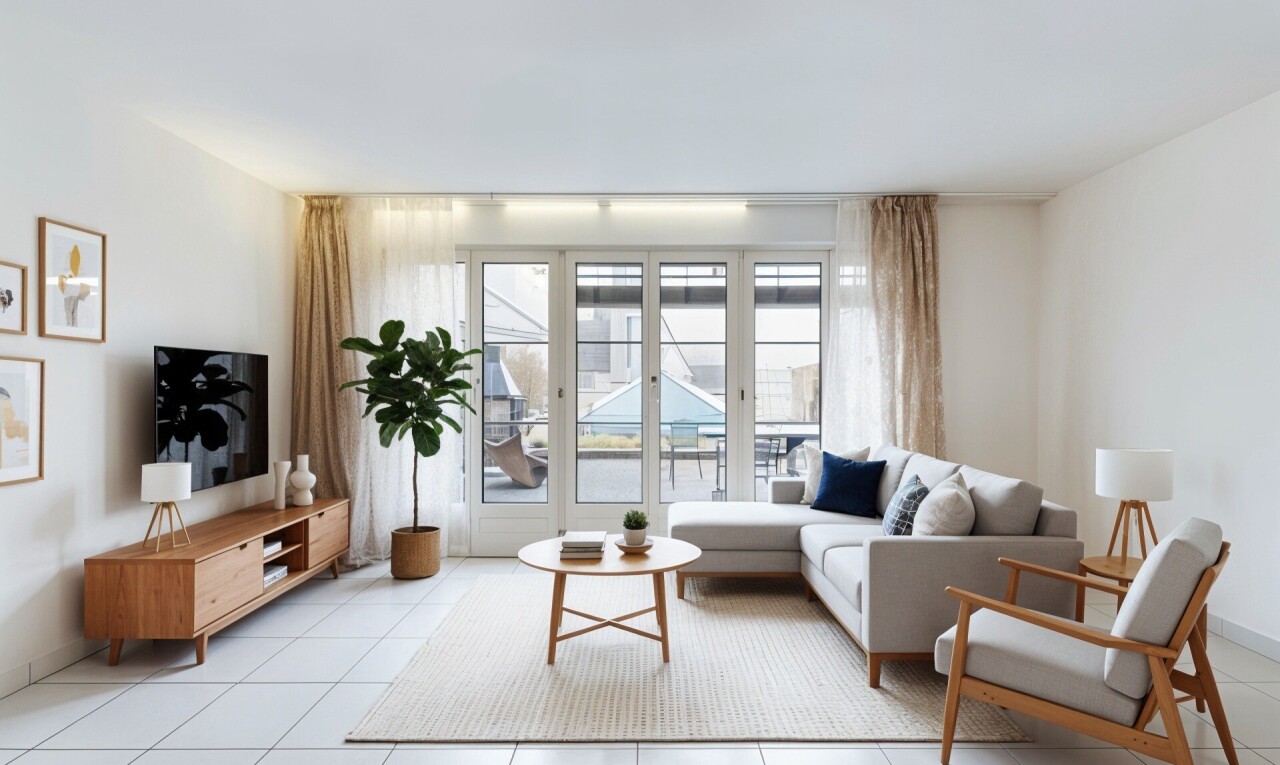 salon avec drywall, cloison sèche, télévision, natural light, et lumière naturelle