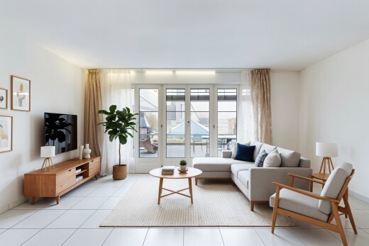 salon avec drywall, cloison sèche, télévision, natural light, et lumière naturelle