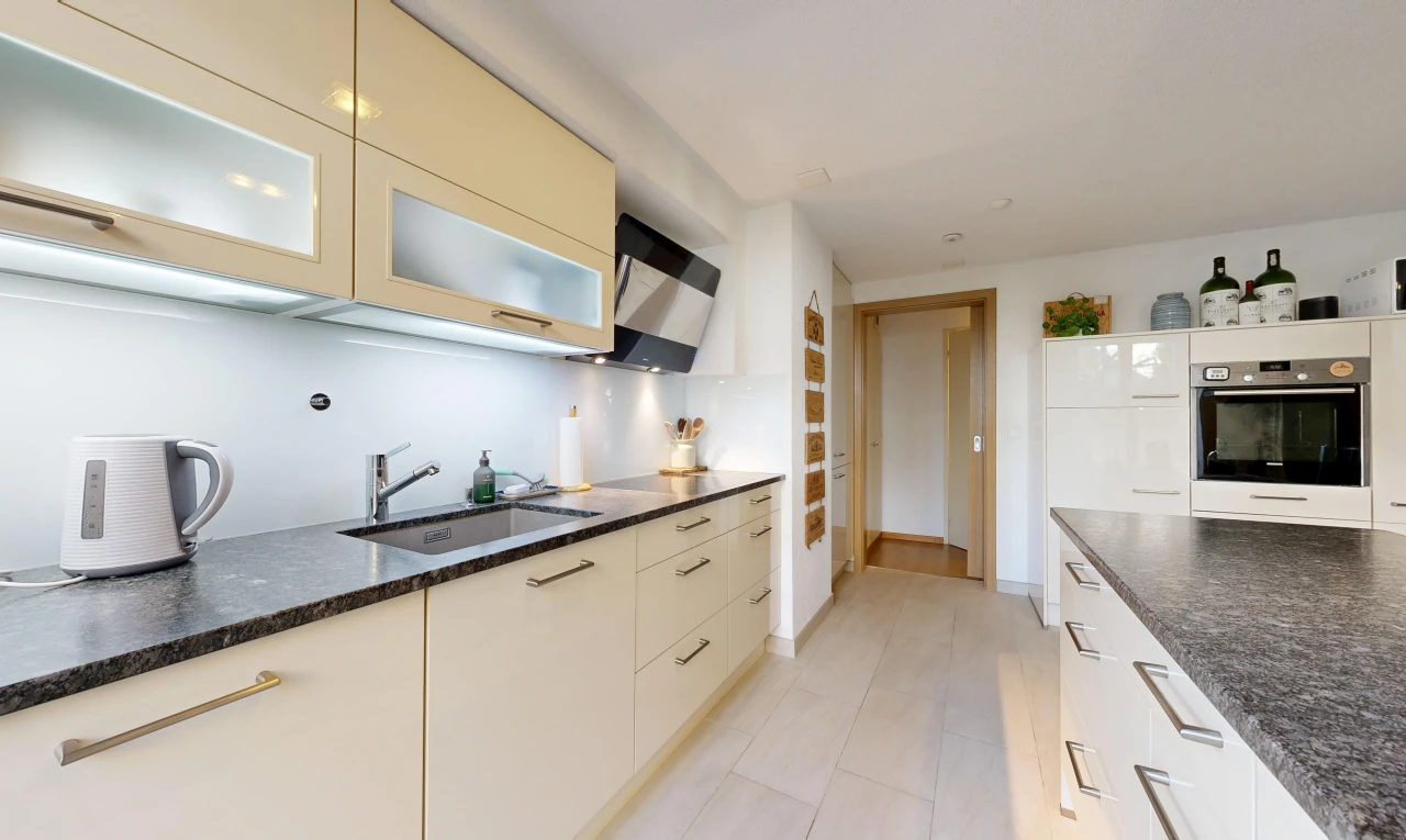 küche mit dark countertops, ofen, schränke mit glastüren, glass insert cabinets, und waschbecken