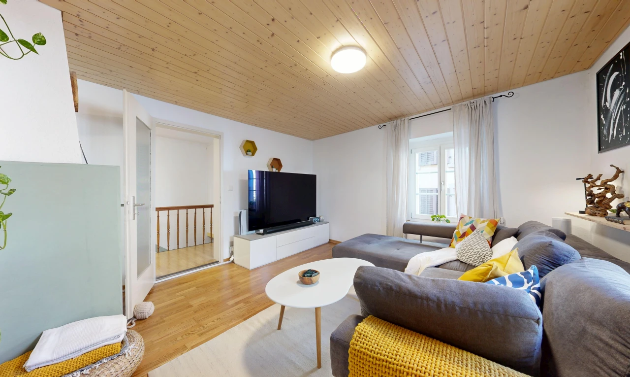 wohnzimmer mit holzdecke, wood ceiling, fernseher, gipskartonwand, und drywall