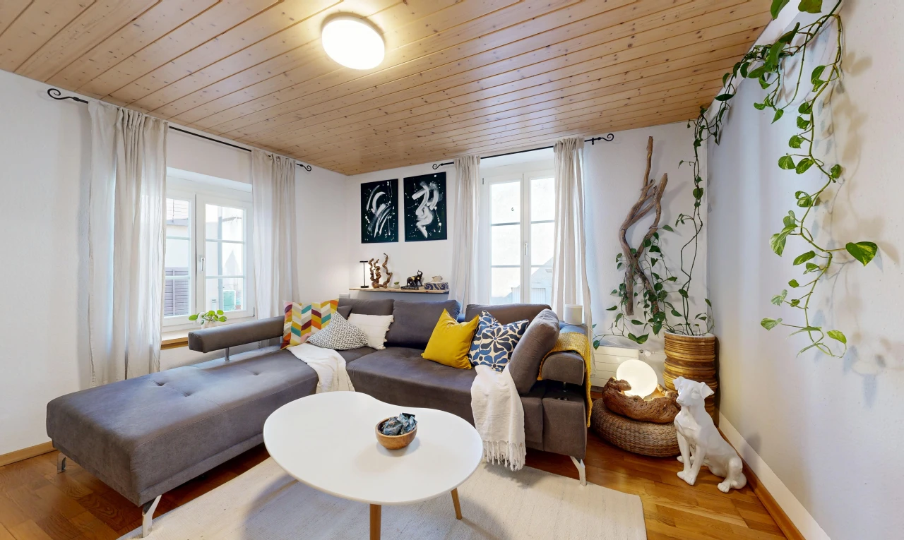 wohnzimmer mit natürliches licht, holzdecke, wood ceiling, inside property, und gipskartonwand