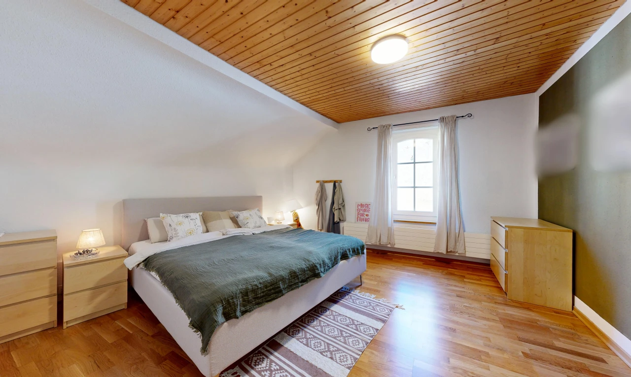 zimmer / schlafzimmer mit natürliches licht, holzdecke, wood ceiling, gipskartonwand, und drywall