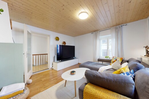 wohnzimmer mit holzdecke, wood ceiling, fernseher, gipskartonwand, und drywall
