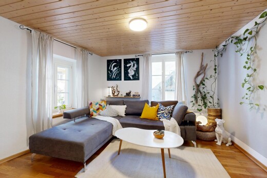 wohnzimmer mit holzdecke, wood ceiling, natürliches licht, sockelleisten, und baseboards wall