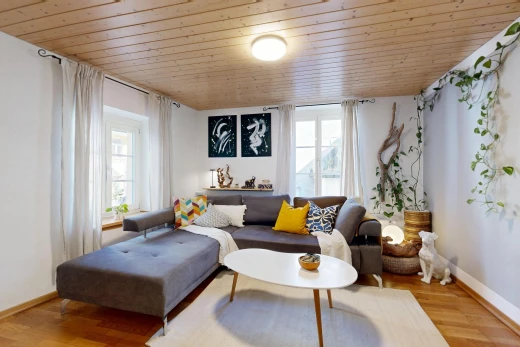 wohnzimmer mit holzdecke, wood ceiling, natürliches licht, sockelleisten, und baseboards wall