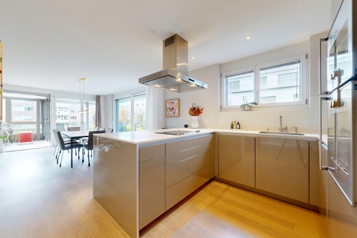 küche mit küchentheke, natürliches licht, natural light, dunstabzugshaube, und holzfußboden