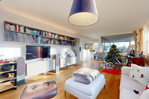 wohn- / esszimmer mit fernseher, holzfußboden, wood finish floor, natürliches licht, und natural light