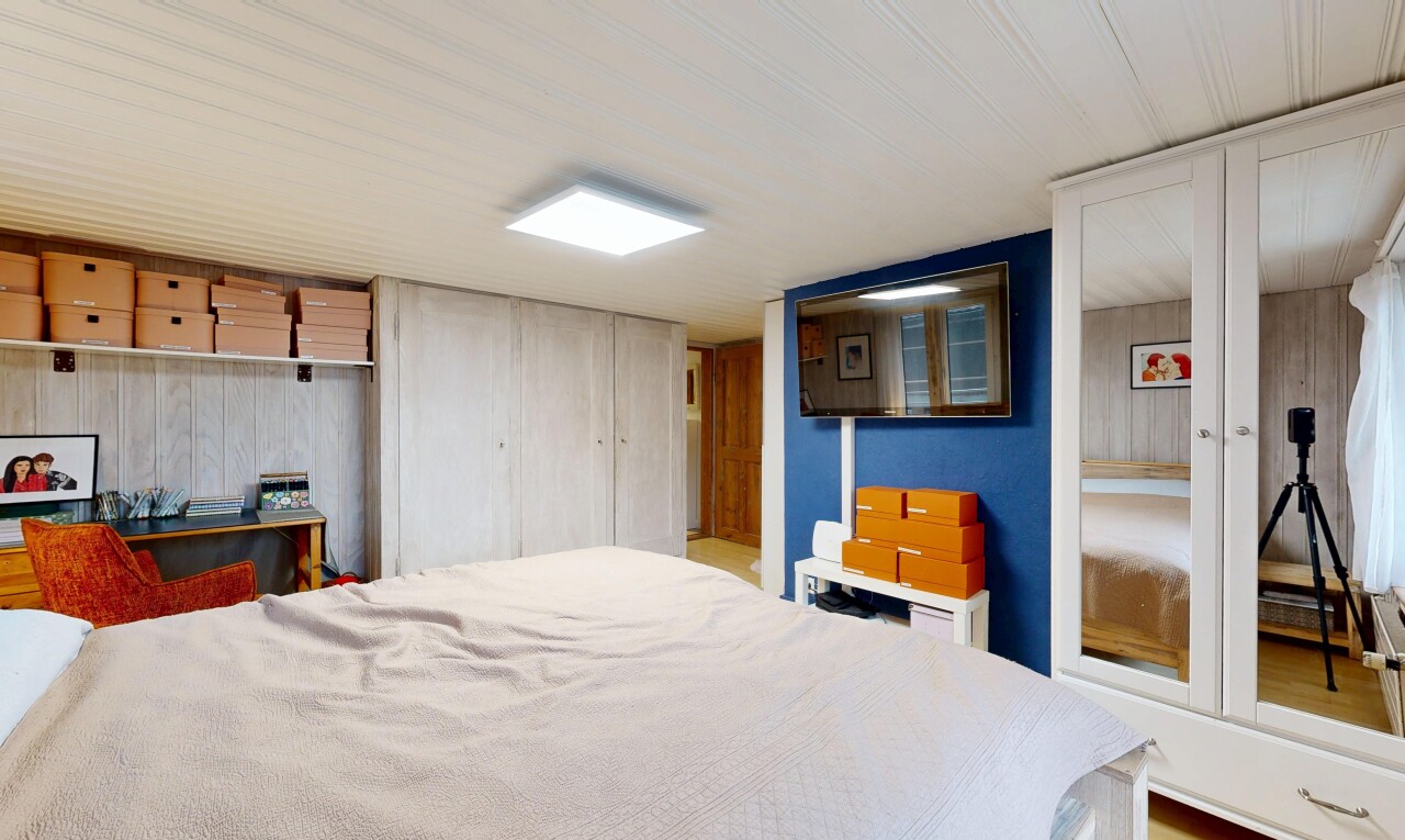 zimmer / schlafzimmer mit inside property, low ceiling, niedrige decke, kleiderschrank, und keller