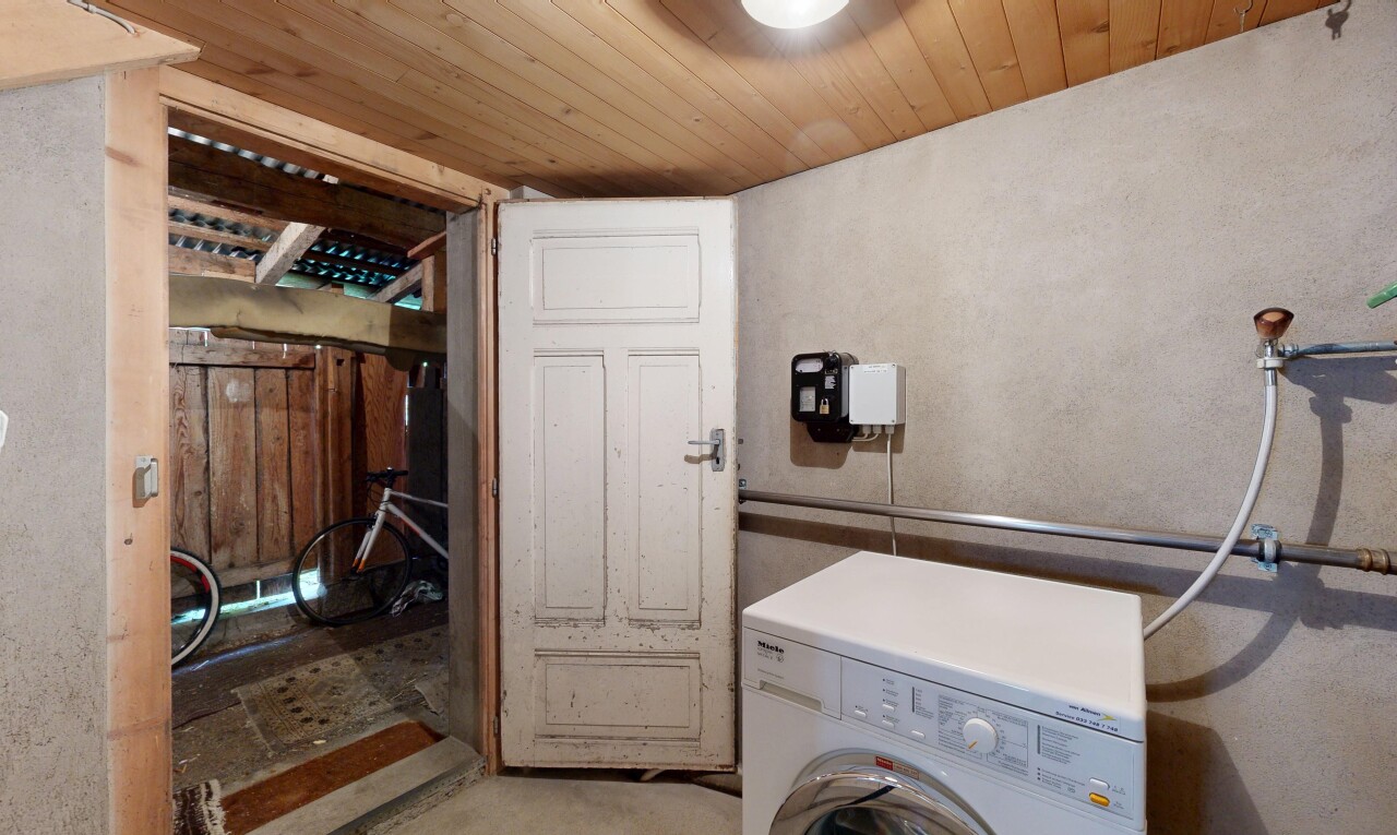 wäschekammer mit tumbler, inside property, light floor, holzdecke, und wood ceiling