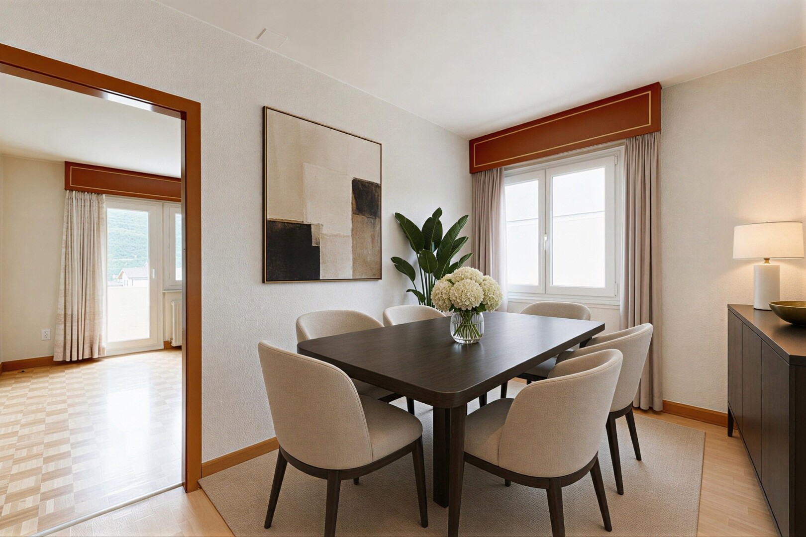 dining space with light wood-type flooring and baseboards
