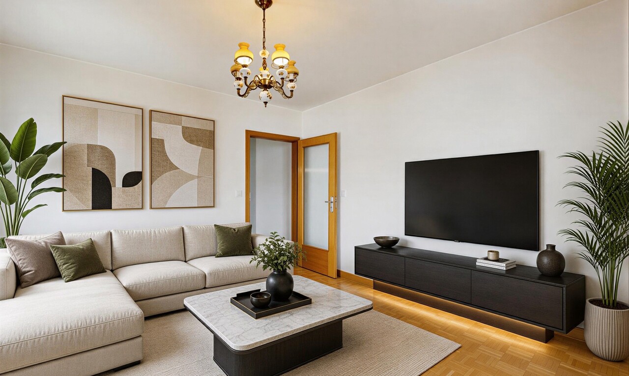 living room with parquet floors and a chandelier