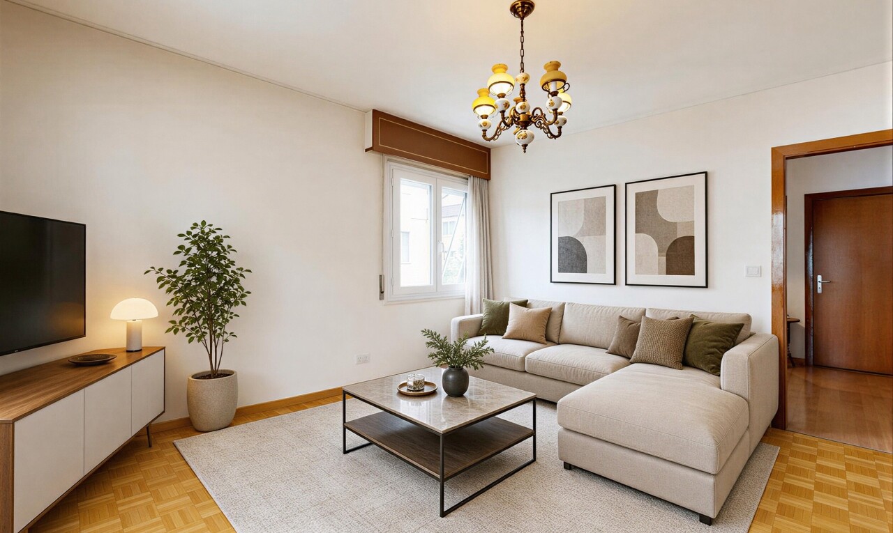 living area with parquet flooring and suspended lighting