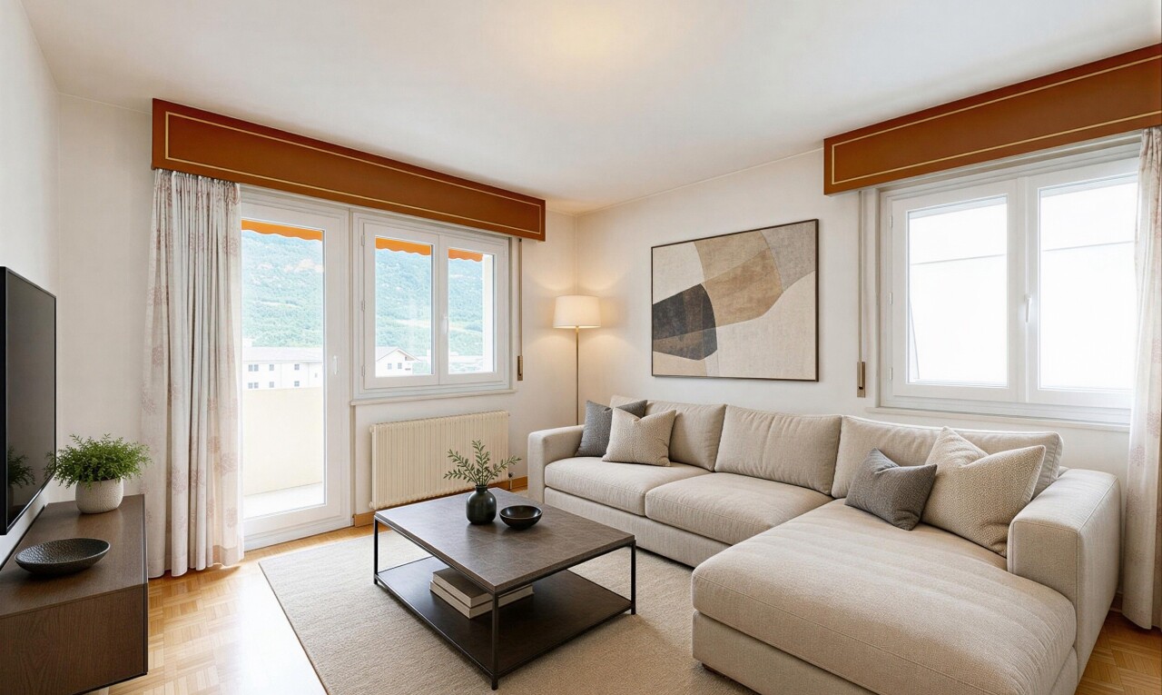living area featuring parquet floors, suspended lighting, and radiator