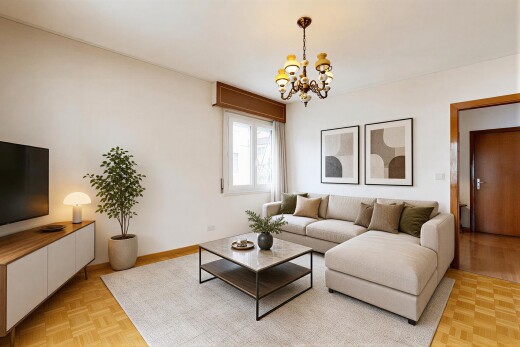 living area with parquet flooring and suspended lighting