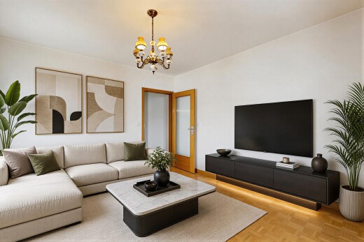 living room with parquet floors and a chandelier
