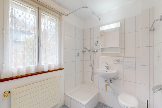 bad mit spiegel, kühler, dusche, komplettes badezimmer, und tile wall