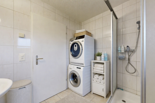 wäschekammer mit fliesenwand, tile wall, wäscherei, fliesenboden, und tile floor