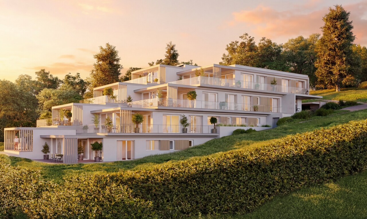 outdoor house at dusk with a balcony and a patio area