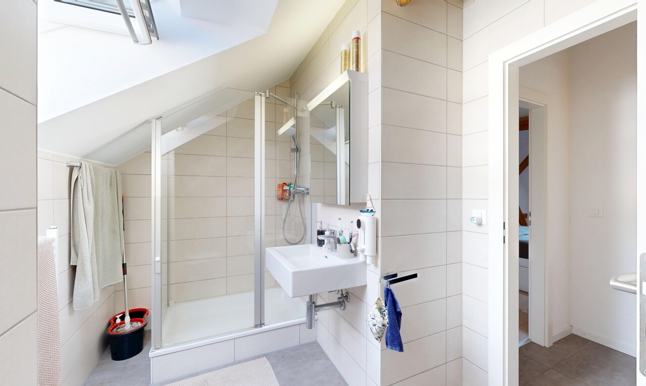 salle de bains avec mur en carrelage, tile wall, miroir, salle de bain complète, et douche