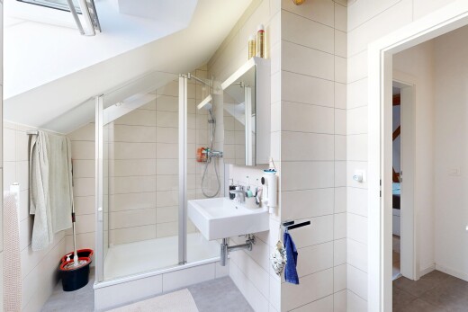 salle de bains avec mur en carrelage, tile wall, miroir, salle de bain complète, et douche