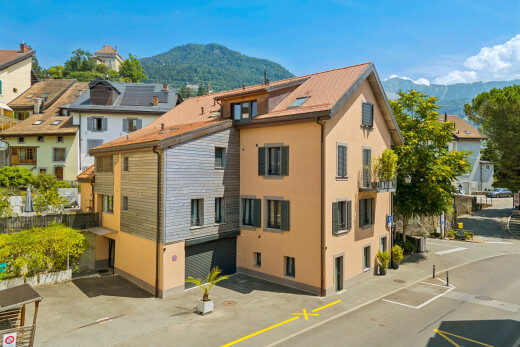 façade avec drone view, bardage en stuc, day time, mountain view, et vue sur la montagne