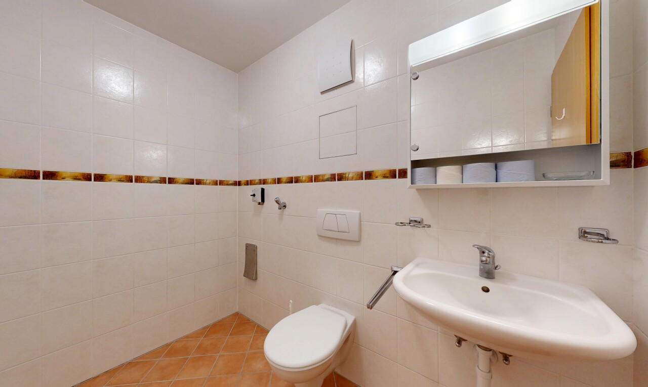 bathroom with a sink and tile walls