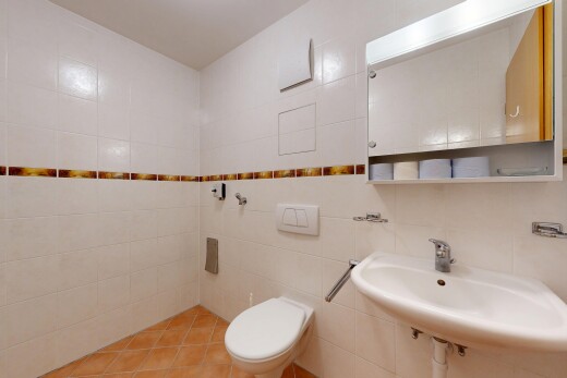 salle de bains avec miroir, inside property, évier, mur en carrelage, et tile wall