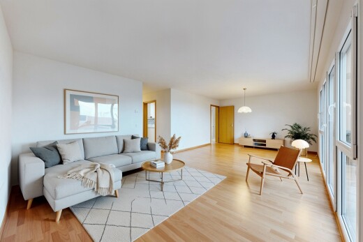 salon / salle à manger avec wood finish floor, sol en finition bois, inside property, virtually staged, et drywall