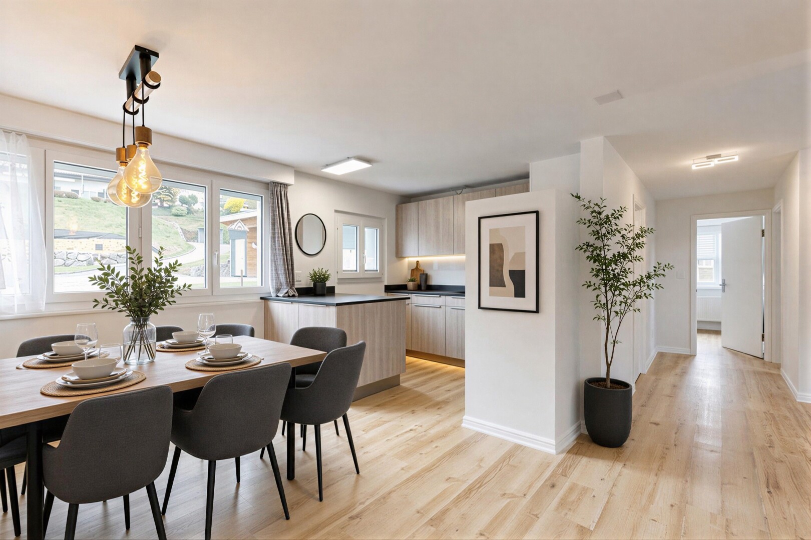 cuisine avec wood finish floor, sol en finition bois, inside property, drywall, et cloison sèche