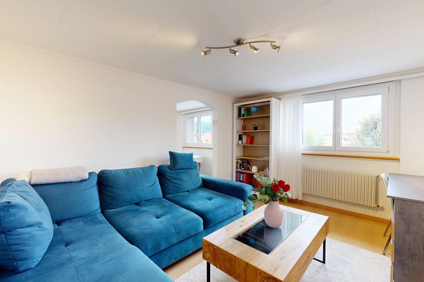 salon avec radiateur, cloison sèche, drywall, inside property, et sol en finition bois