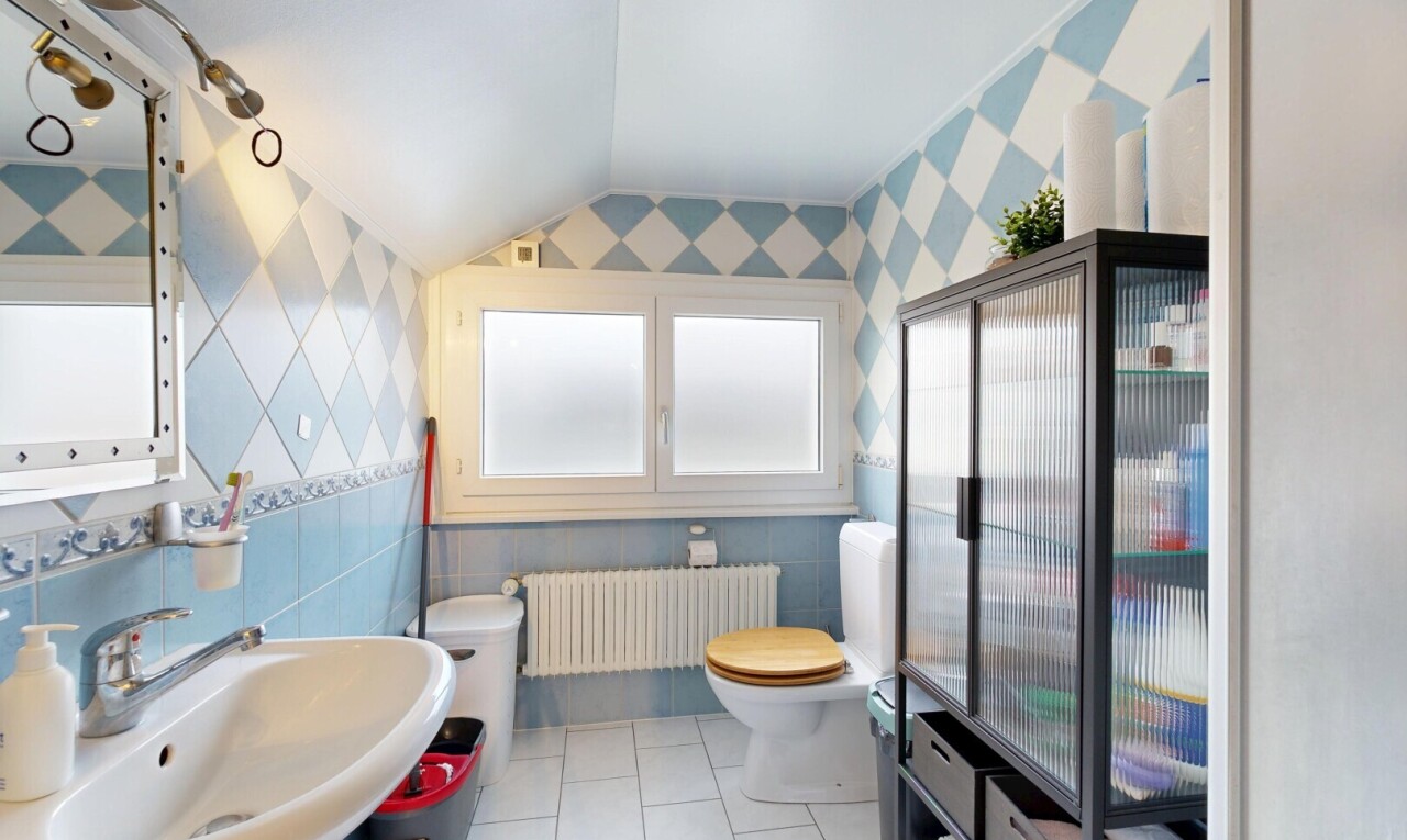 salle de bains avec toilette, évier, radiateur, vaulted ceiling, et plafond voûté