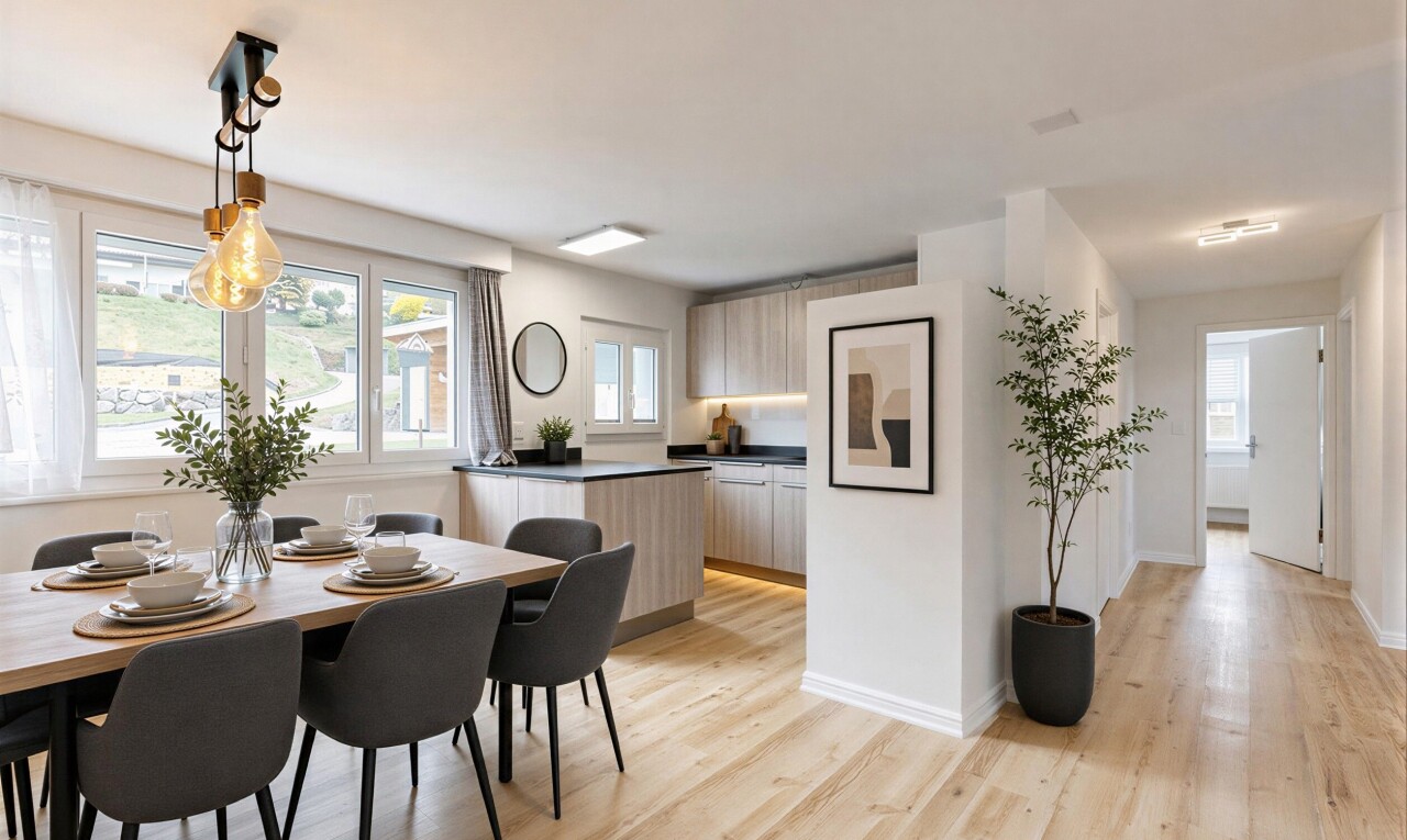 cuisine avec wood finish floor, sol en finition bois, inside property, drywall, et cloison sèche