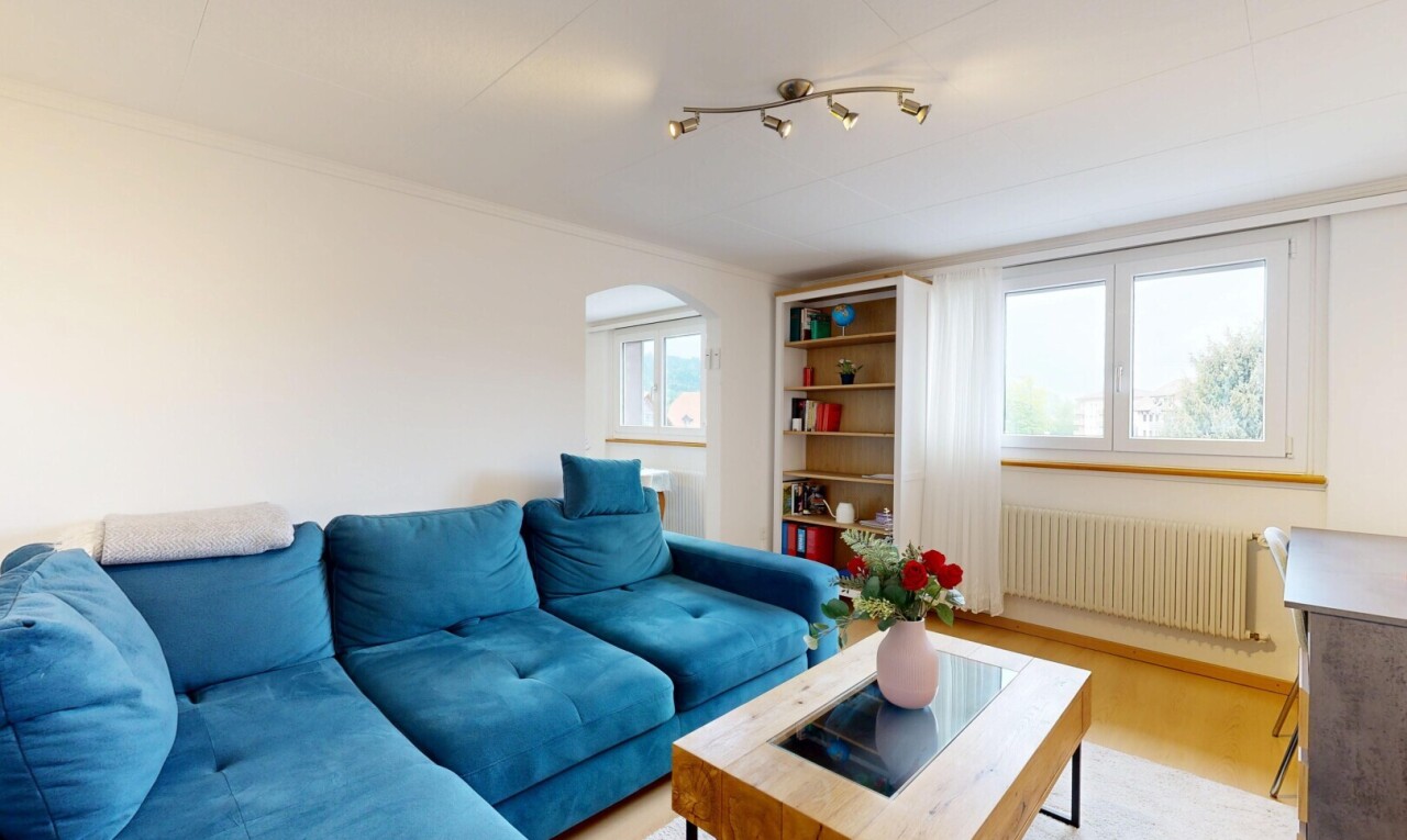 salon avec radiateur, cloison sèche, drywall, inside property, et sol en finition bois