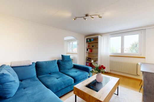 salon avec radiateur, cloison sèche, drywall, inside property, et sol en finition bois