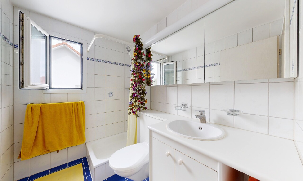 bad mit komplettes badezimmer, dusche, tile wall, fliesenwand, und spiegel