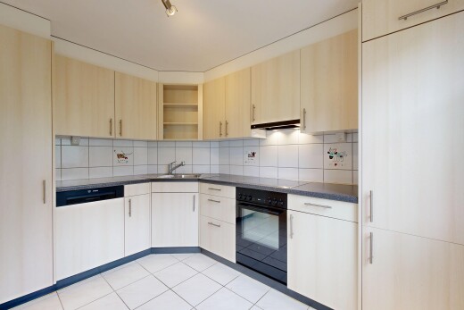küche mit dark countertops, ofen, light floor, offene regale, und open shelves