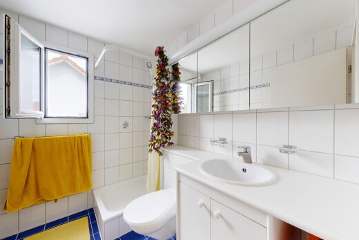 bad mit komplettes badezimmer, dusche, tile wall, fliesenwand, und spiegel