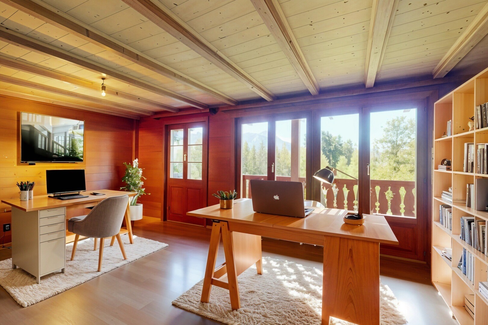 salle à manger avec espace bureau, télévision, sol en finition bois, wood finish floor, et inside property