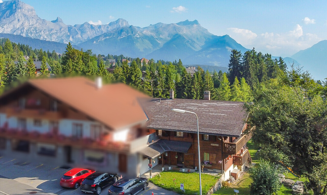 façade avec vue sur la montagne, mountain view, day time, et pelouse