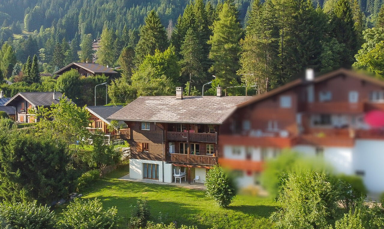façade avec balcon, vue sur la forêt, forest view, cheminée, et pelouse