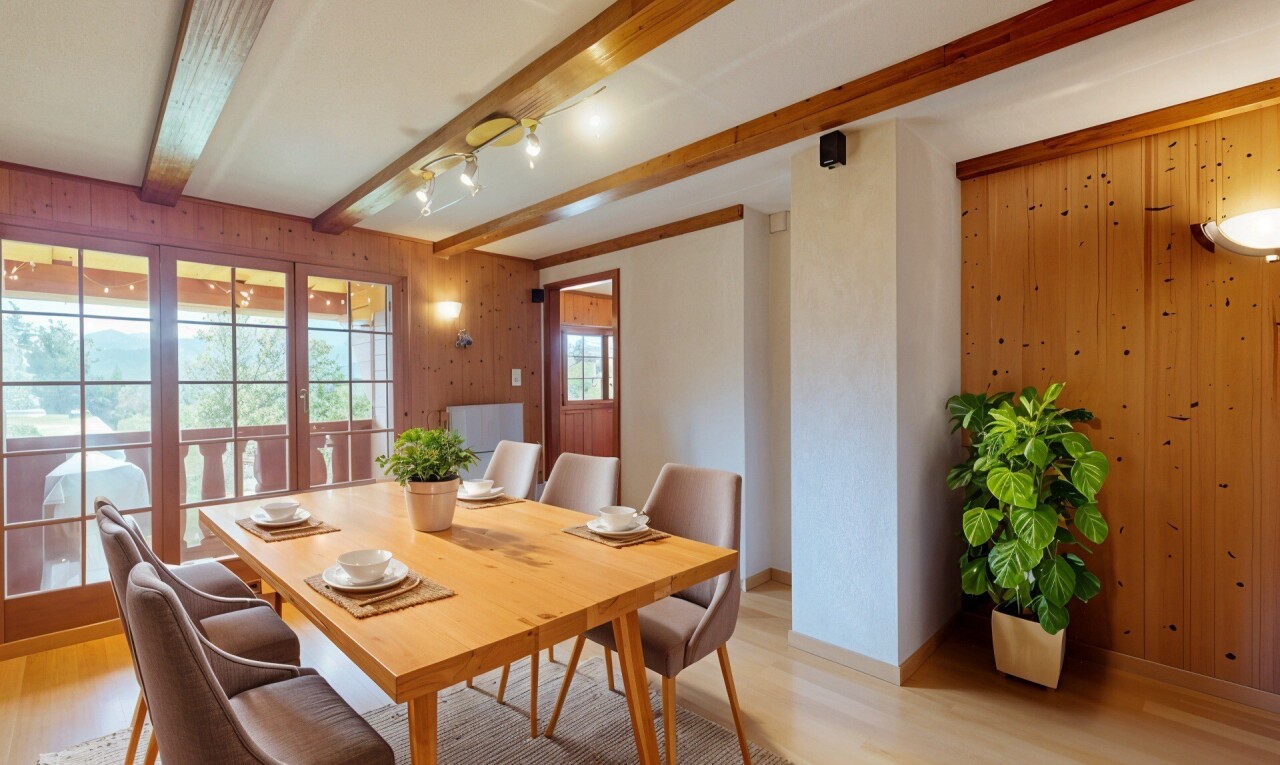 salle à manger avec wood wall, mur en bois, beamed ceiling, plafond à poutres, et wood finish floor
