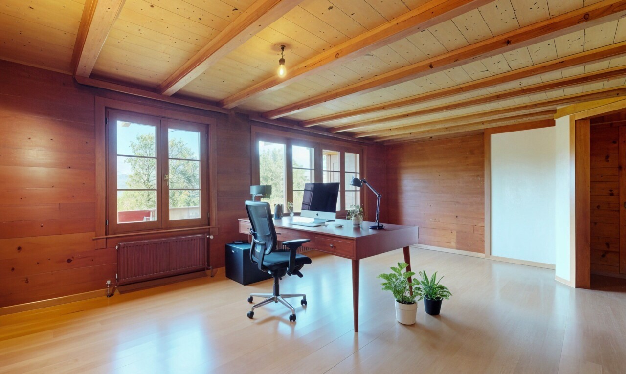 bureau avec wood wall, mur en bois, espace bureau, beamed ceiling, et plafond à poutres