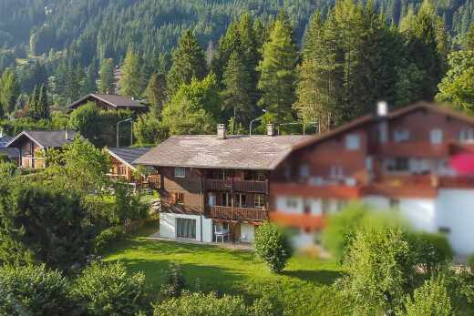 façade avec balcon, vue sur la forêt, forest view, cheminée, et pelouse