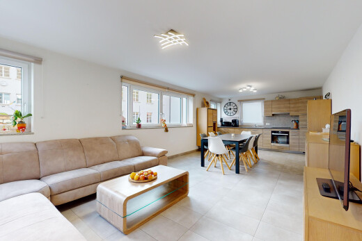 wohn- / esszimmer mit fliesenboden, natürliches licht, und fernseher